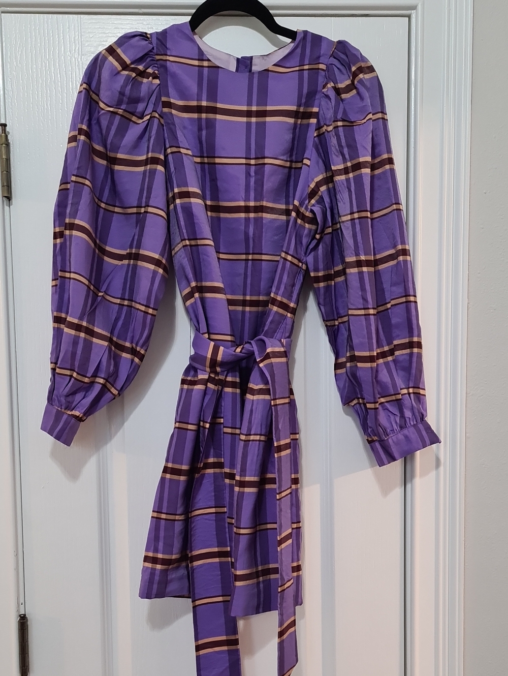 SAMSOE - NwT Purple Plaid Puff-Sleeve Tie-Waist Dress